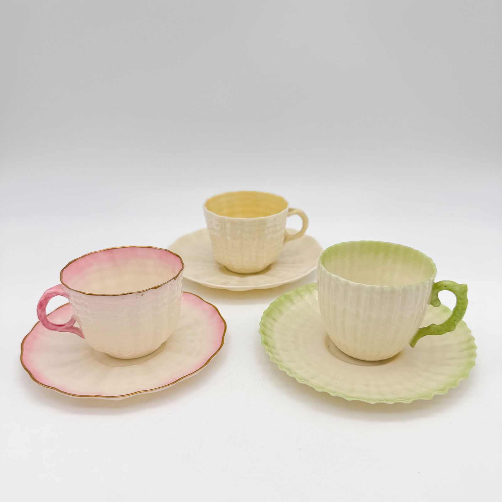 Lot of Three Belleek 2nd Black Mark, 3rd Black Mark, Tea Cup and Saucer sets, Green Limpet and (1 of 9)