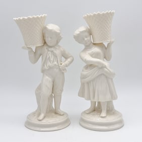 Belleek, 8th Blue Mark, Boy and Girl Basket Carrier Figurines