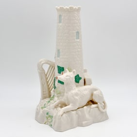 Belleek, 3rd Green Mark Painted Tower, Harp and Wolfhound Figure