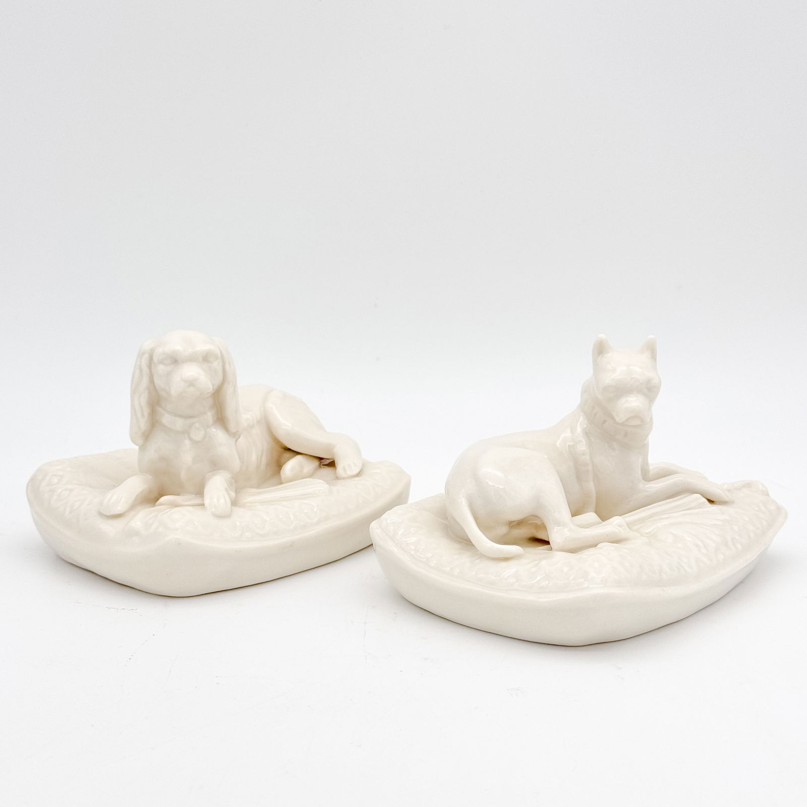 Lot of Two Belleek, 3rd Green Mark King Charles Spaniel on Cushion and Boxer on Cushion Paperweights (1 of 8)
