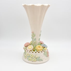 Belleek, 2nd Green Mark Painted Flowered Spill Vase