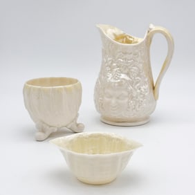 Lot of Three Belleek, 2nd Black Mark, 3rd Black Mark, Unknown Green Mark, Small Sugar Bowl, Fern