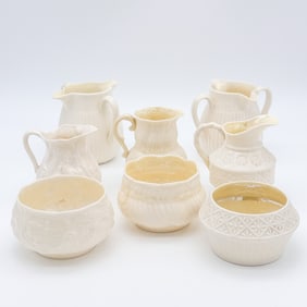 Lot of 8 Belleek, 1st Black Mark, 2nd Black Mark, 3rd Black Mark, Cream Jugs and Sugar Bowls