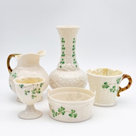 Lot of five Belleek, 3rd Black Mark, 1st Green Mark, Shamrock Spill Vase, Egg Holder, Jug, Small