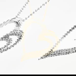 14k White Gold Tilted Heart Pendant and chain Diamond: Lot 1 14k White Gold Tilted Heart Pendant and chain Diamond Thirteen Diamonds single cut SI/ighi Total. Stamped: 14K / JWBR Chain Stamped: 14K MOM / [hallmark] 14K Chain Length: 18 in. Pendant: