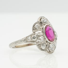 Antique Platinum filigree ruby diamond ring