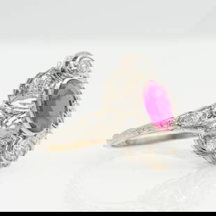 Antique Platinum filigree ruby diamond ring: Lot 5 Antique Platinum filigree ruby diamond ring Diamonds: OE vs/ghi Ruby is synthetic but it appears to be original to the ring Stamped: PLA[illegible] Ring Size: 7, Width: .61 in. Diameter:
