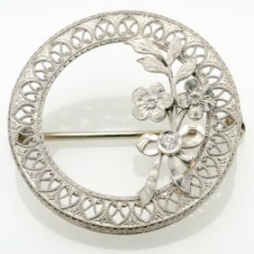 Antique 14k White Gold and Diamond Filigree Brooch