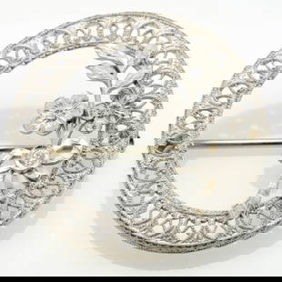 Antique 14k White Gold and Diamond Filigree Brooch: Lot 6 Antique 14k White Gold and Diamond Filigree Brooch OE VS GHI Stamped: [hallmark] / 14K 1.1 x .31 in. Diamond: 2.36 mm 3.75 g