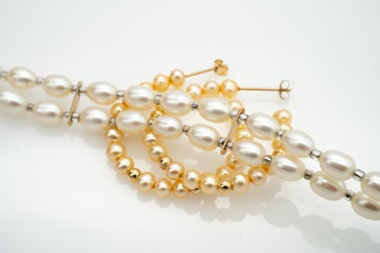 14k Gold and Pearl Necklace and Earring Set