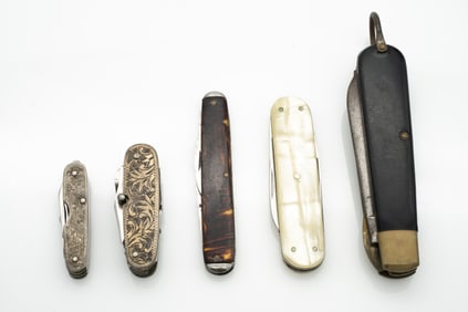 Group of Vintage and Antique Pocket Knives, Camillus Schrade Mop Sterling Silver