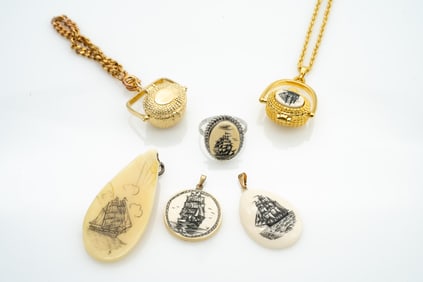 Lot of Scrimshaw Carved Ships and 2 Nantucket Baskets