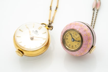 Vintage Ball Pendant Watch Lot, Bucherer & Nadine, 800 silver Guilloche Enamel