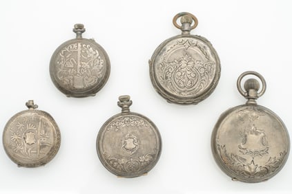 Lot of Five, Antique Parts 800 Coin & Sterling Silver Ornate Pendant Pocket Watches
