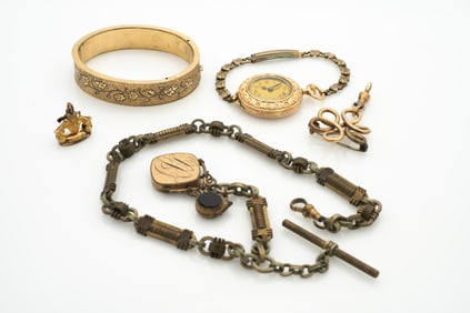 Lot of Gold GF Jewelry, incl Watch, Locket, Bracelet, and Watch Fobs