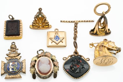 Lot of 8 Antique Watch Fobs Including Horse Hardstone & Enamel