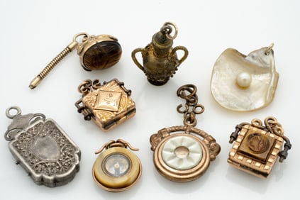 Antique Lot of 8 Watch Fobs Including Compass