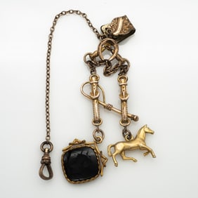 Fancy Antique Equestrian Pocket Watch Double Fob Chain