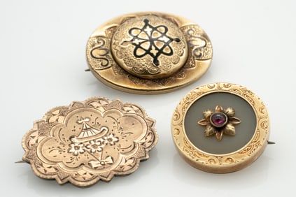 Group of 3, Ornate American 19 c. Gold GF Brooches including Enamel Onyx