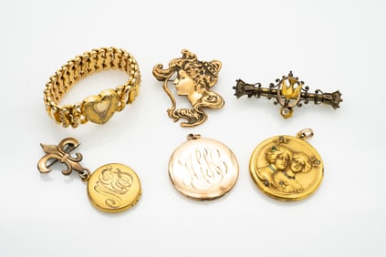 Group of Six Antique Jewelry Lockets, Brooch, Bracelet, Gold GF