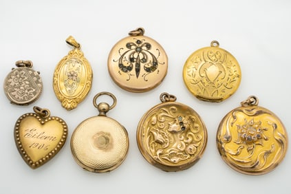 Group of 8 Antique Gold GF Ornate Watch Fob Locket Pendants