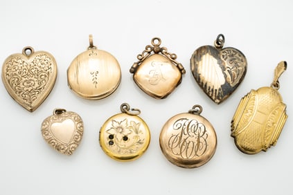 Vintage and Antique lot of Eight Gold GF Locket Pendant Fobs