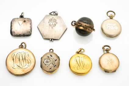 Group of 8 Antique Lockets, Gold GF and Sterling Silver incl Unique Marble Bubble Locket