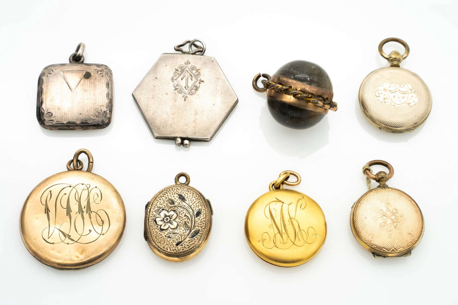Group of 8 Antique Lockets, Gold GF and Sterling Silver incl Unique Marble Bubble Locket (1 of 8)