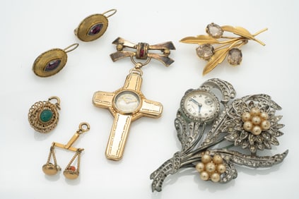 Group of Vintage Gold GF Fobs, Watch Brooch, Watch Pendant, Earrings