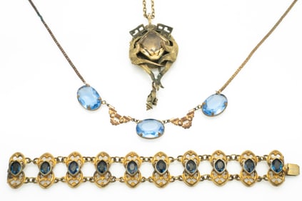 Antique Gold Gp Brass Filigree Jeweled Necklaces Locket and Bracelet