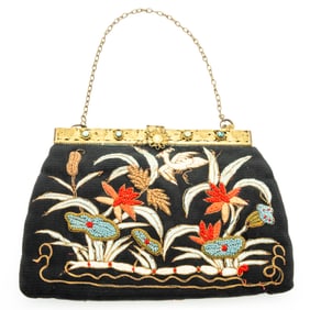 Antique Asian Gold Wash Filigree Turquoise Embroidered Purse