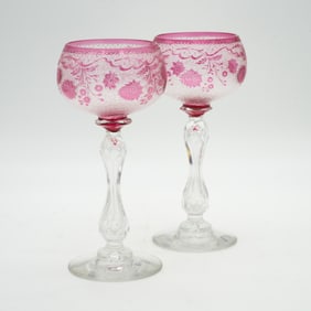 Etched Strawberry St Louis Cameo Glass, Wine Glasses
