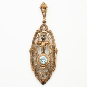 Antique 10k Gold, Art Deco Natural Blue Zircon Pendant