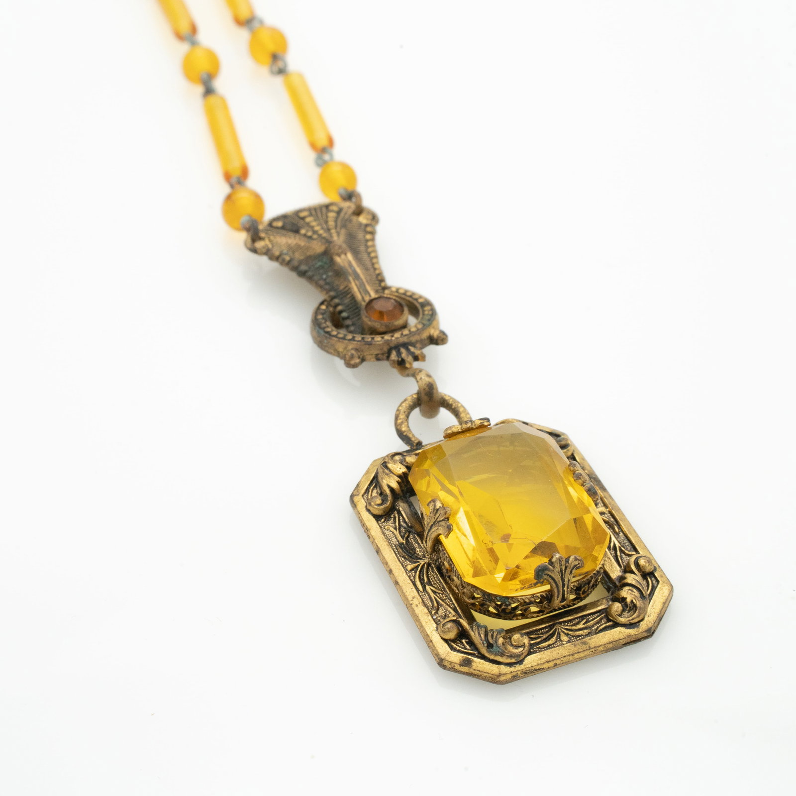 Antique Ornate Brass Filigree Yellow Gem Necklace (1 of 5)