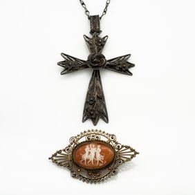 Antique Silver Filigree Cross Necklace and Three Cameo Graces Brooch