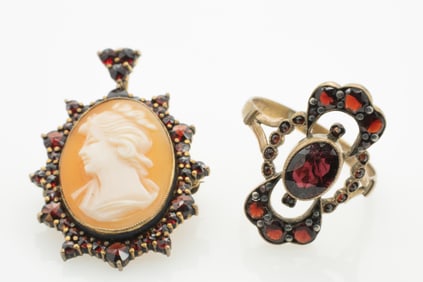 Antique Bohemian Garnet Gold GF Ring and Cameo Brooch