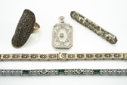 Group of 5 Art Deco Filigree Jewelry Pieces, Sterling Silver, Gold GF, Camphor Glass Pendant