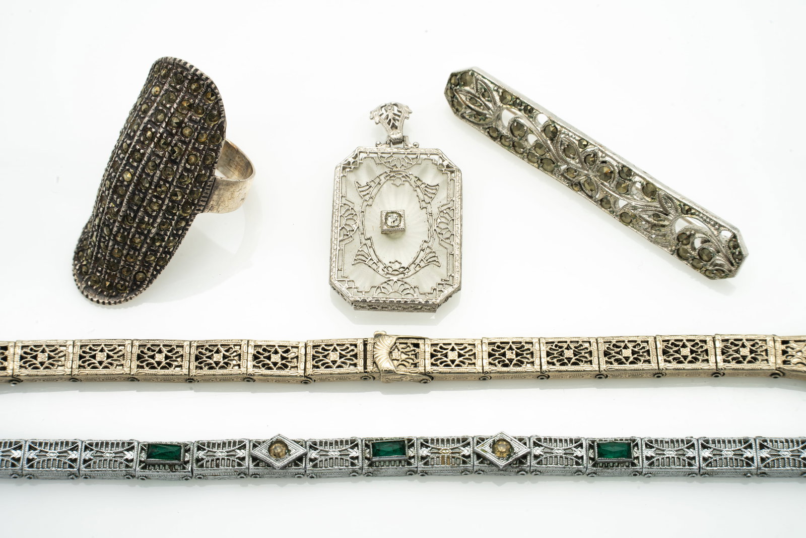 Group of 5 Art Deco Filigree Jewelry Pieces, Sterling Silver, Gold GF, Camphor Glass Pendant (1 of 12)