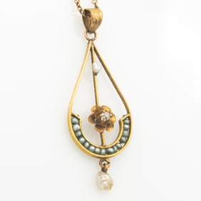 Antique 10k Gold Seed Pearl and Diamond Lavalier Neck Necklace
