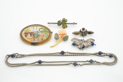 Lot of Six Assorted Jewelry, French Depose Celluloid, Carved Jade and Coral Flower, Irish, Lapis