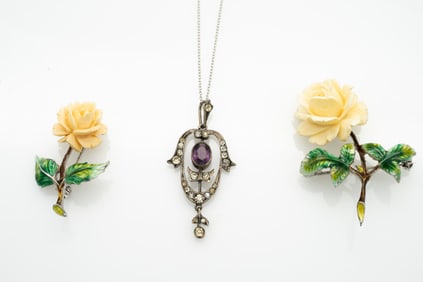 Vintage 1930s German Sterling Silver Enamel, 10k Gold, Rhinestone Pendant & Brooches