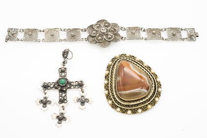 Vintage Silver Filigree Lot, Pendant, Bracelet and Brooch