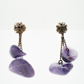 Antique 14k Gold Tumbled Amethyst Dangle Earrings