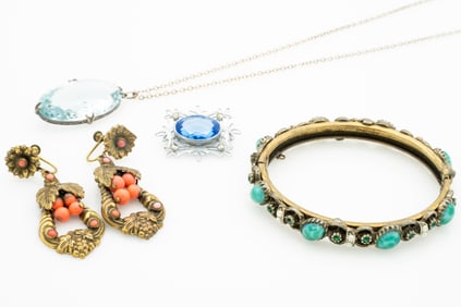 Antique Lot of 4, Filigree Jeweled Pendant, Bracelet, Earrings, and Brooch