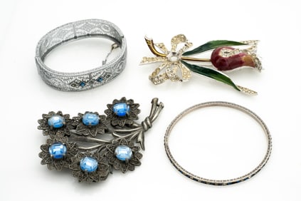 1920s Filigree, Painted Costume Jewelry, Bracelet, Bangle and Brooches