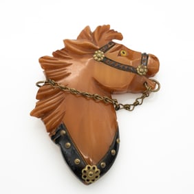 Vintage Bakelite Horse Brooch Brass Accented