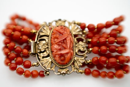 Antique ca. 1900 Coral Bead Carved Bracelet