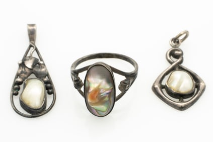 Lot of 3 Antique Art Nouveau Sterling Silver and Freshwater Pearl Ring and Pendants