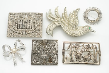 Lot of 6 Art Deco Rhinestone Brooches,Sterling Silver, Pot Metal