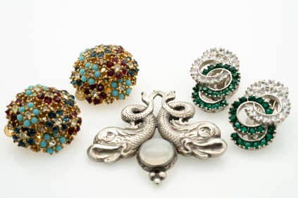 Vintage Ciner, Sterling Silver Earrings and Cini Moonstone Brooch